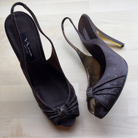 NINA New York Dark Brown Bronze Rhinestones Open Toe Heels Sandals Shoes size 10 - Picture 12 of 12